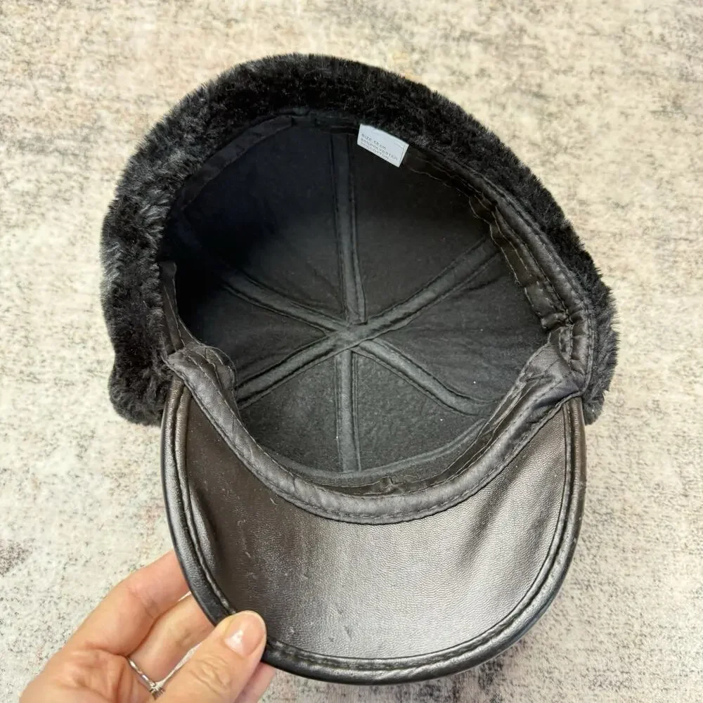 Faux Leather Faux Fur Trapper Aviator Hat Black Warm Winter Hat with Ear Flaps